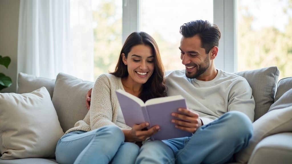 Pareja disfrutando de una sala luminosa